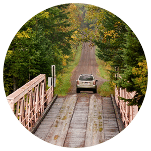 car crossing bridge near trees that are changing colors